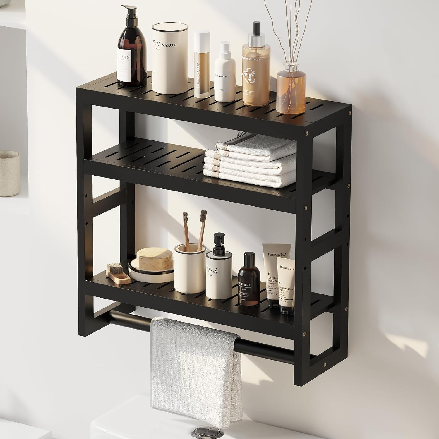 Bathroom Organizer Shelves 3 Tiers Floating Shelf with Hanging Bar Over ...