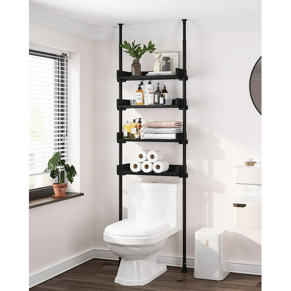 Bathroom Organizer, Over The Toilet Storage, 4-Tier Adjustable Wood Shelves for Small Rooms, Saver Space Rack, 92 to 116 Inch Tall, Narrow Cabinet,Black