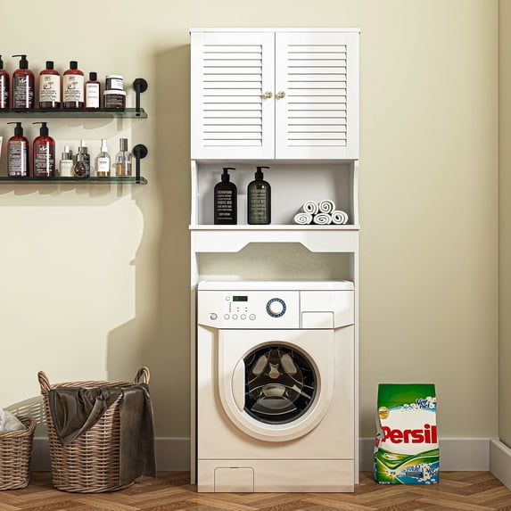 Bathroom Organizer Over Toilet, Storage Cabinet Over Toilet, Wooden Bathroom Space Saver Standing Behind Toilet, Free Standing Bathroom Shelf Over Toilet, Louvered Fan, White