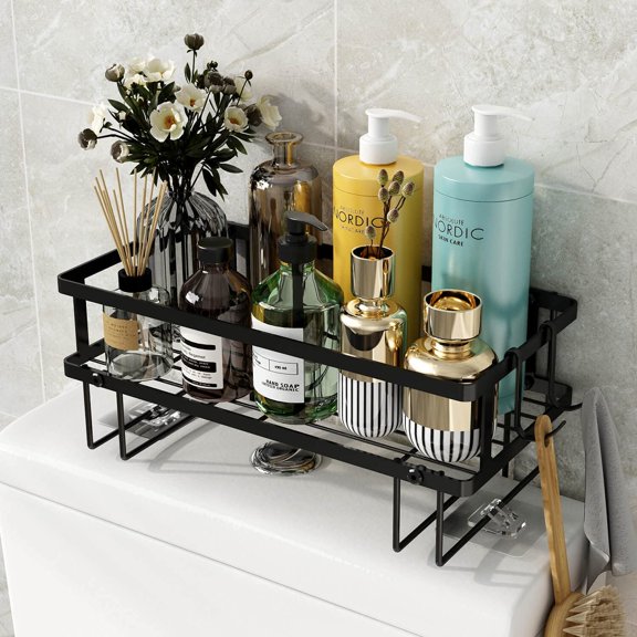 Bathroom Organizer - Over Toilet Storage, Floating Shelves with 2 Hooks, Wall Mounted Shelf Rack, Behind and Above the Tank, Gifts for Women (Black, 1-Tier)