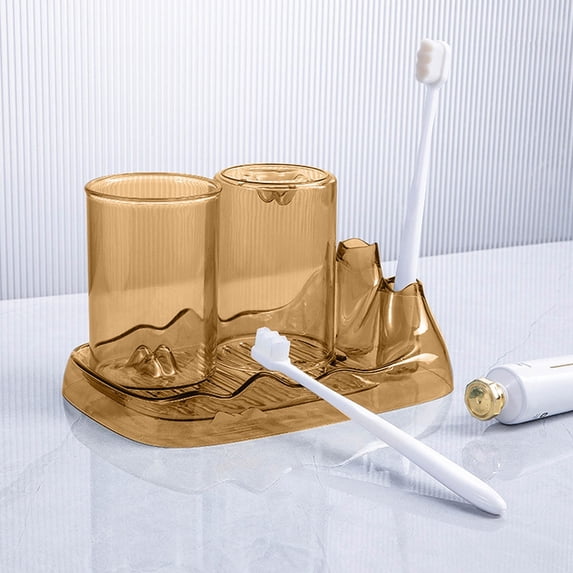 Bathroom Organizer, Toothbrush Holder with 2 Cups, Vanity Tray for Countertop Storage, Plastic Bathroom Accessory Set for Toiletries and Cosmetics
