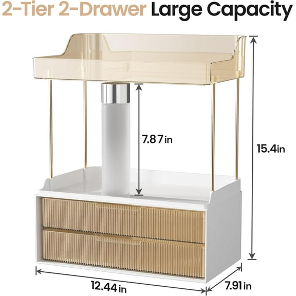 Bathroom Organizer with 2 Tiers and 2 Drawers, Easy to Install, Large Skincare and Perfume Storage, Amber