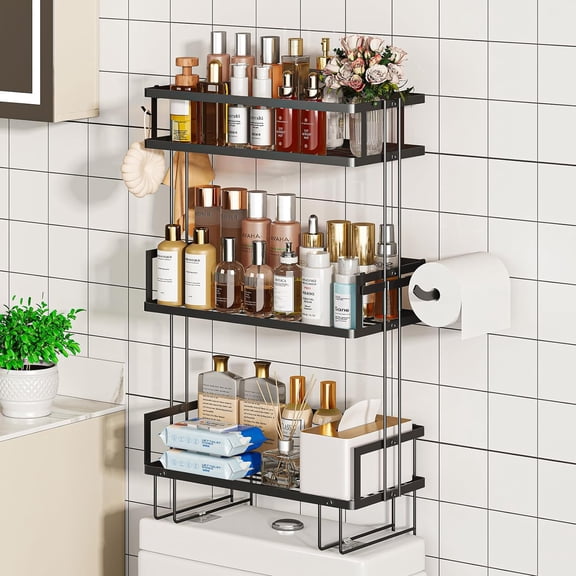Bathroom Organizers and Storage, 3-Tier Wall Shelves, Over Toilet Rack with Paper Holder and 2 Hooks, Floating Shelf & Accessories, Gifts for Women, Mom, Mothers Day (Black)