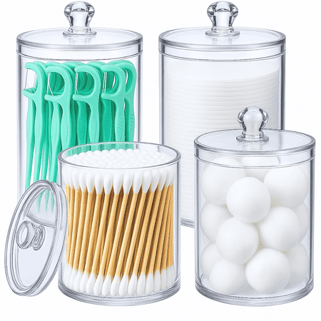 Havenity 4 Pack Clear Acrylic Bathroom Canister Set with Lids Qtip Holder and Apothecary Jars