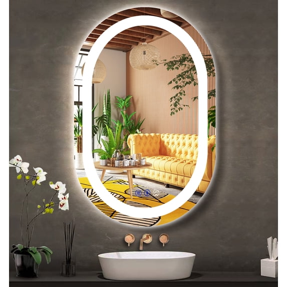 Bathroom Oval LED 24" x 16" Mirror with Front Lights Smart Memory 3 Color Anti-Fog Adjustable Brightness 24" Oval Light Up Bathroom Mirror for Barber Wall Horizontal Vertical Mounted