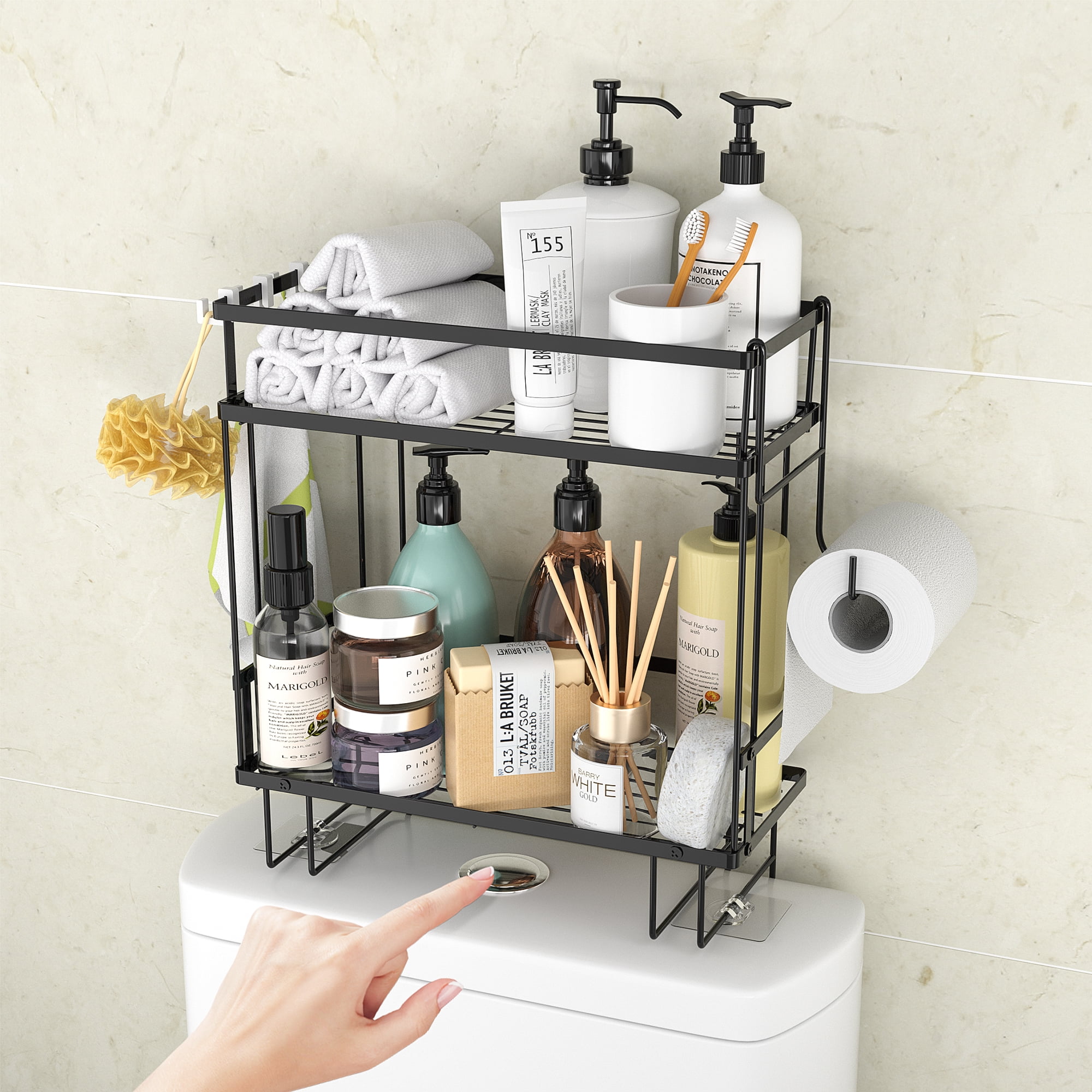 Bathroom Over Toilet Storage Shelf, Bathroom Organizer, Above Storage  Cabinet Restroom Paper Holder, No Drilling Space Saver with Adhesive Base  and Hooks No Drilling (Black) 