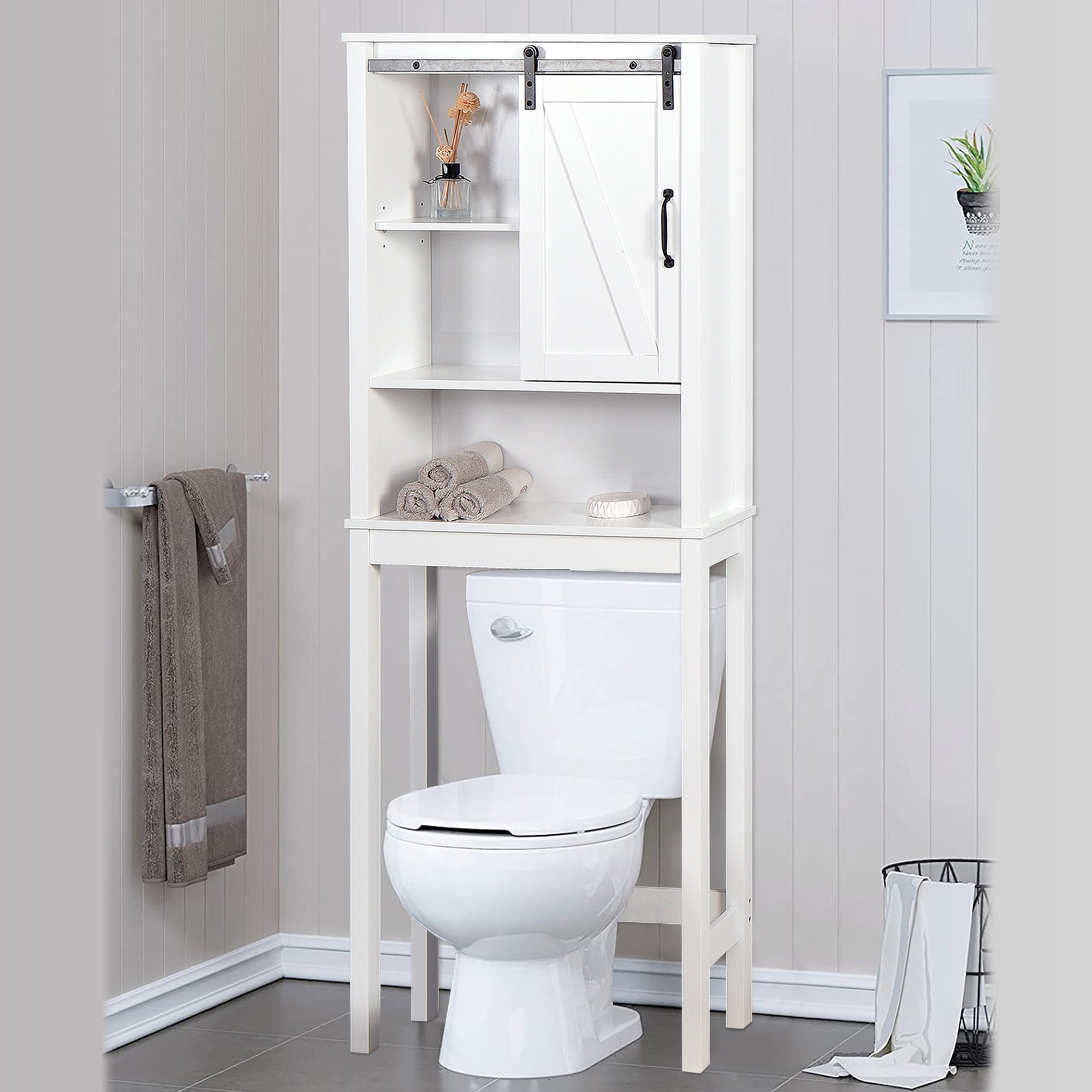 Bathroom Over-the-Toilet Storage Cabinet, Home Free Standing Toilet Rack  with Double Doors and Shelves, Space Saving Bathroom Storage Organizer for