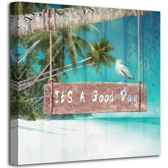 Bathroom Palm Tree Canvas Wall Art Costal Artwork Seascape Painitng Ocean Tropical Landscape Print Relax Quotes Picture Framed for Bedroom Living Room Hotle Guest Home Office Decor 14"x14"