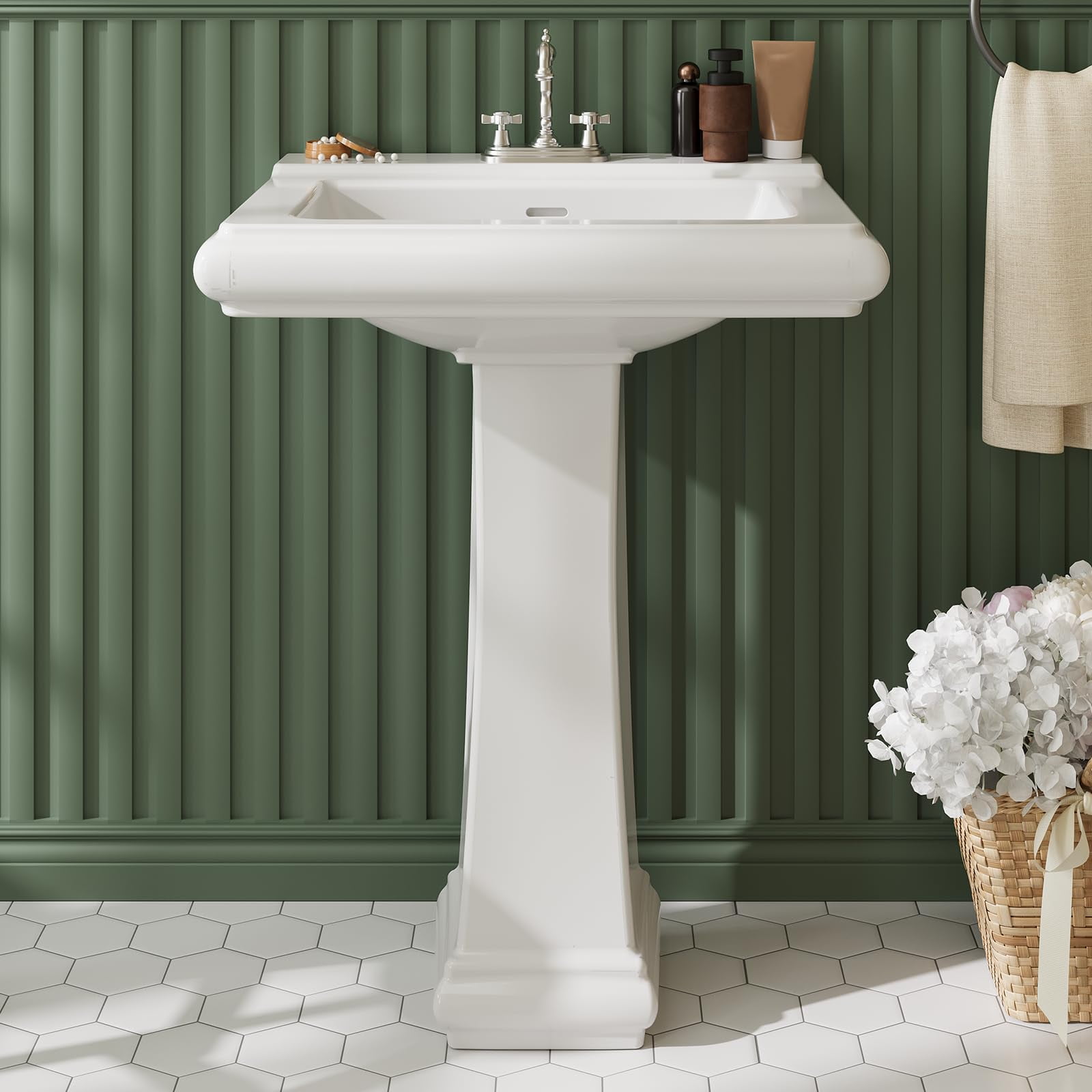 Bathroom Pedestal Sink, 26" Pedestal Sink for Bathroom, White Ceramic Pedestal Sink With Overflow & 3 Pre-Drilled Holes for 8-Inch Faucets