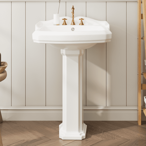 Bathroom Pedestal Sinks,Pedestal Sink 23" W X 19" D Vintage White Ceramic Pedestal Bathroom Sink With Overflow and 3 Pre-Drilled Holes - Fits 4-Inch/8-Inch Faucets