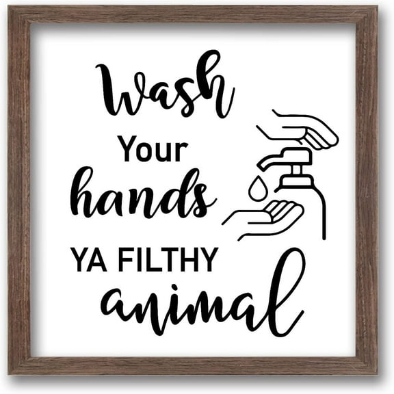 Bathroom Picture Framed Signs Wash Hands Sign-Wash Your Hands(7x7 inch) Square Solid Wood Photo Frames with Acrylic Sheets & Canvas Liner Painting Bathroom Wall Decoration diy Word