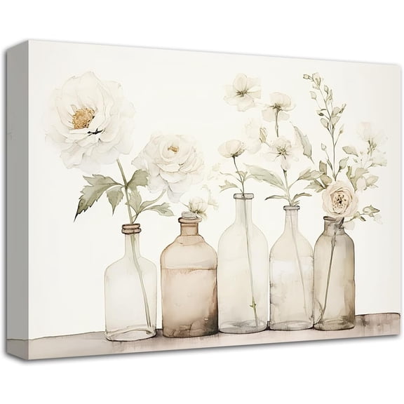 Bathroom Picture Wall Decor Flowers in Bottle Canvas Prints Rustic Plant Floral Painting for Country Farmhouse Decor Framed (B, 12.00"x18.00")