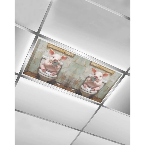 Bathroom Pig Fluorescent Light Covers for Ceiling Lights 4x2 feet, 1 Pack Magnetic Light Filters for Classroom, Toilet Animals Vintage Fluorescent Light Shade Panel for Office School Drop Home