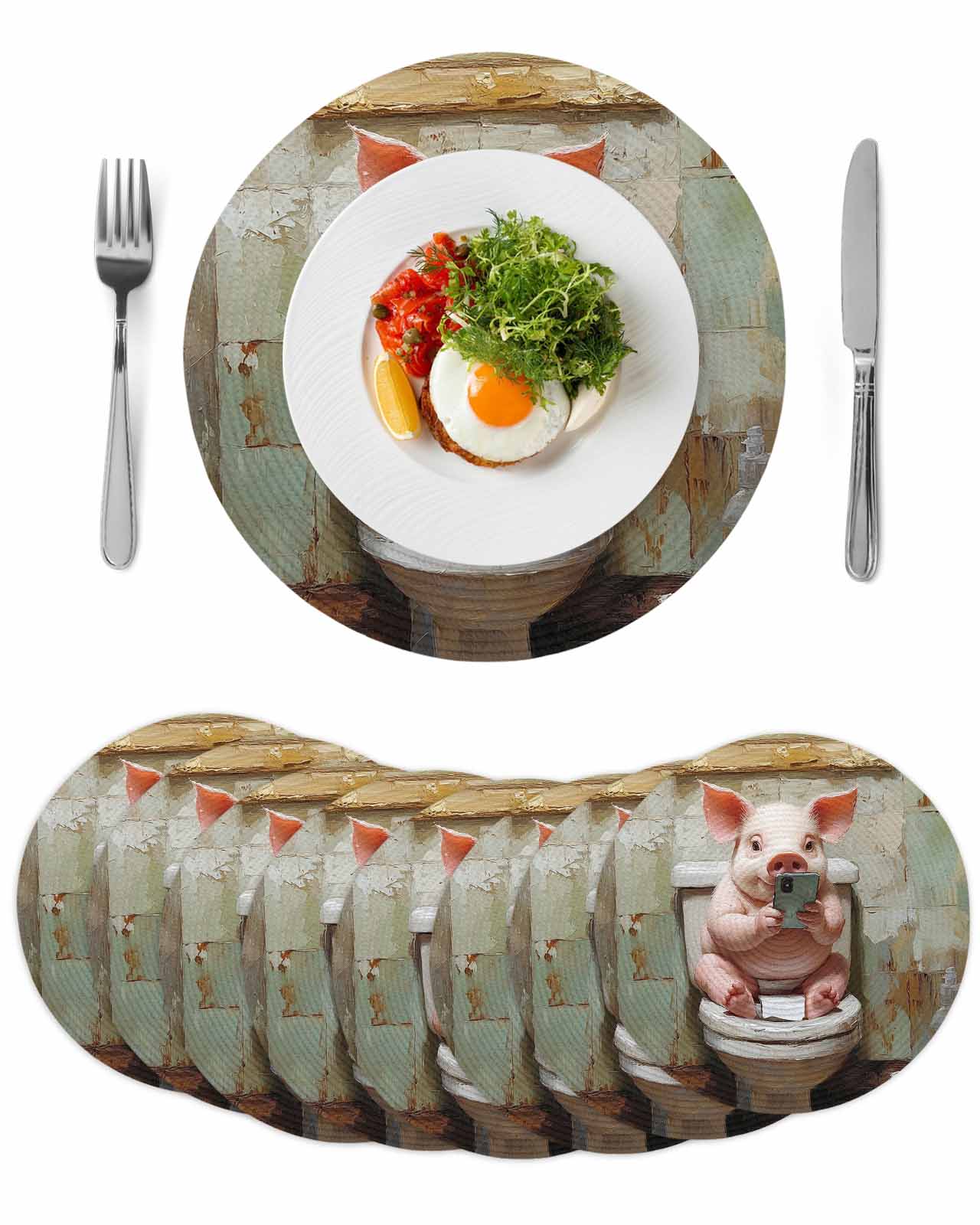 Pig Mat Table Bathroom Pig Round 13 Inch Placemats Set of 8, Toilet Animals Vintage ...