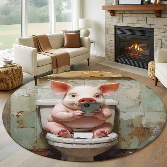 Bathroom Pig Round Area Rug 6 FT, Non Slip Bedroom Area Rug, Toilet Animals Vintage Washable Soft Circular Carpet Non-Shedding Floor Mat for Kitchen Dining Room Home Office Kids Room