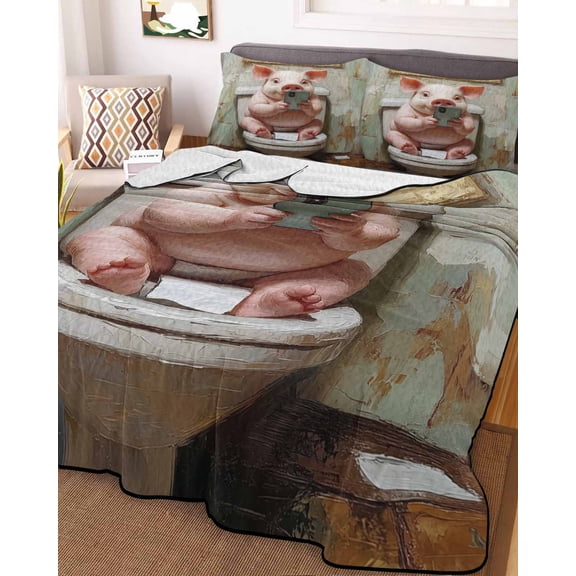 Bathroom Pig Twin Size Down Alternative Comforter, Lightweight Comforter Quilt Bedding Set with Pillow Shams Toilet Animals Vintage All Seasons Bed Comforter Duvet Insert 68"x86"
