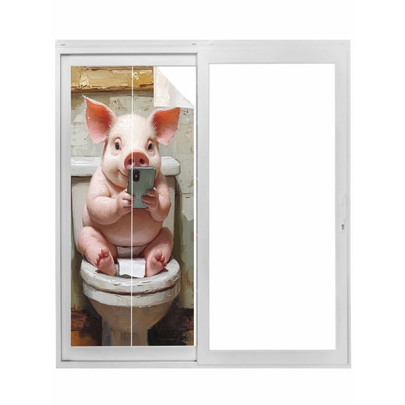 Bathroom Pig Window Privacy Film, Toilet Animals Vintage Static Cling UV Sun Blocking Tint Film Heat Control Windows Films for Bedroom Bathroom, Window Stickers 17.7"x39.3"