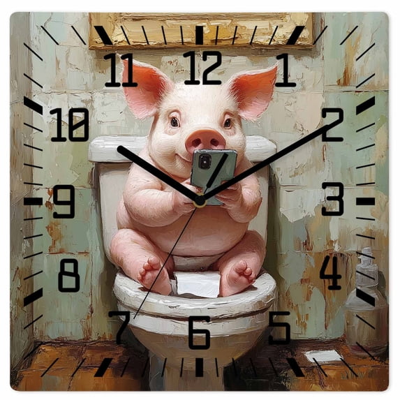 Bathroom Pig Wooden Wall Clock Silent Non Ticking, Toilet Animals Vintage Square Wall Clocks Battery Operated, Decor Clock for Home Office, Living Room, Kitchen, 12 Inch