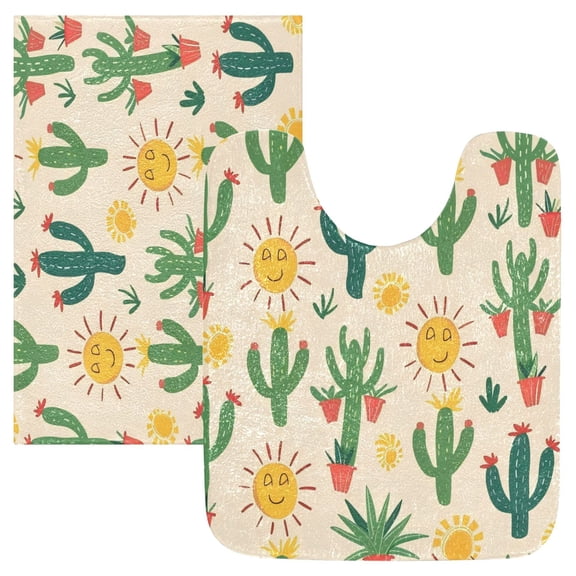 Bathroom Plush Absorbent Mat Combined U-Shaped Square Pad Bath Mat Fluffy Suitable For Bathroom Toilet Living Room Absorb Water Non-Slip Durable Cartoon Cactus