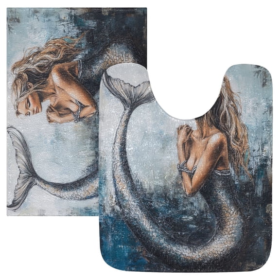 Bathroom Plush Absorbent Mat Combined U-Shaped Square Pad Bath Mat Fluffy Suitable For Bathroom Toilet Living Room Absorb Water Non-Slip Durable Cartoon Mermaid Pattern