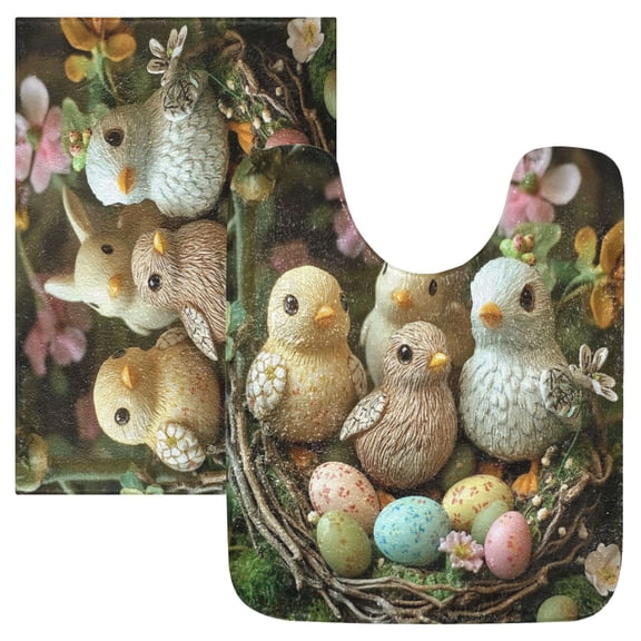 Bathroom Plush Absorbent Mat Combined U-Shaped Square Pad Bath Mat Fluffy Suitable For Bathroom Toilet Living Room Absorb Water Non-Slip Durable Easter Birds and Eggs