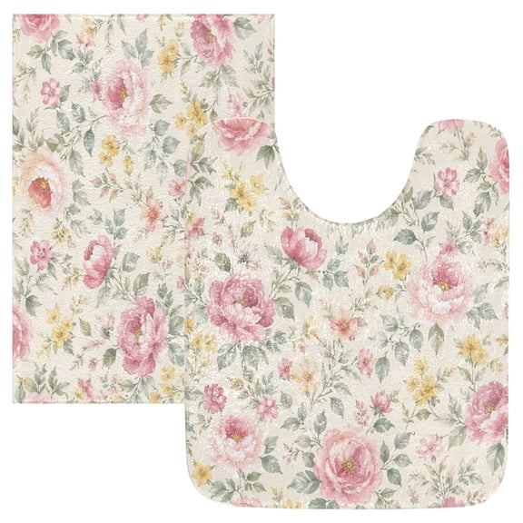 Bathroom Plush Absorbent Mat Combined U-Shaped Square Pad Bath Mat Fluffy Suitable For Bathroom Toilet Living Room Absorb Water Non-Slip Durable Pastel Flower Soft