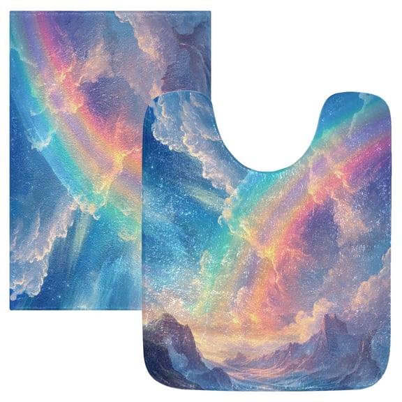 Bathroom Plush Absorbent Mat Combined U-Shaped Square Pad Bath Mat Fluffy Suitable For Bathroom Toilet Living Room Absorb Water Non-Slip Durable Picturesque Rainbow