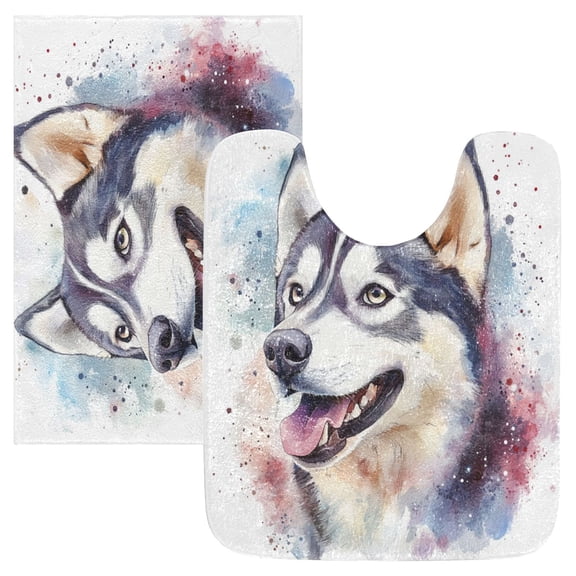 Bathroom Plush Absorbent Mat Single Square Pad 16x24Inches Bath Mat Fluffy Suitable For Bathroom Toilet Living Room Absorb Water Non-Slip Durable Cute Husky Dog