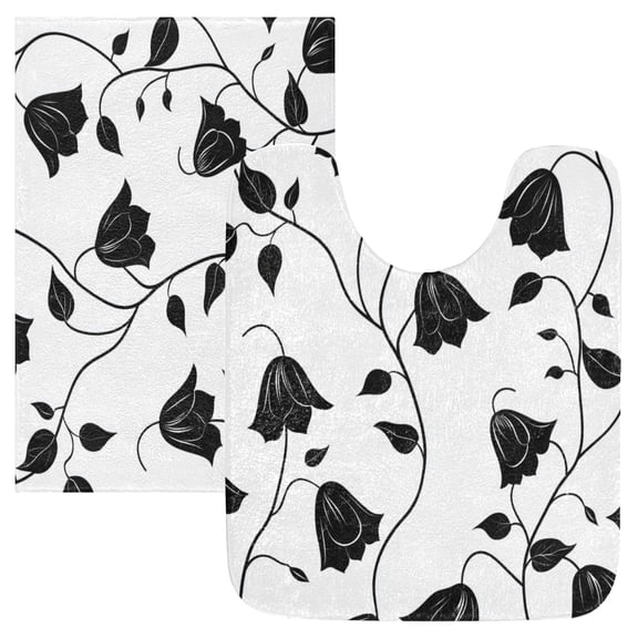 Bathroom Plush Absorbent Mat Single U-pad 20x24 Inches Bath Mat Fluffy Suitable For Bathroom Toilet Living Room Absorb Water Non-Slip Durable Black Flower