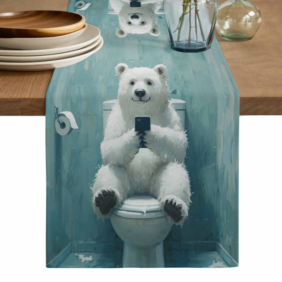 Bathroom Polar Bear Table Runner, Toilet Animals Vintage Washable Cotton Linen Table Runners 36 Inches Long, Dresser Scarf Runner for Nightstand/End Tables/Round Tables 13''x36''