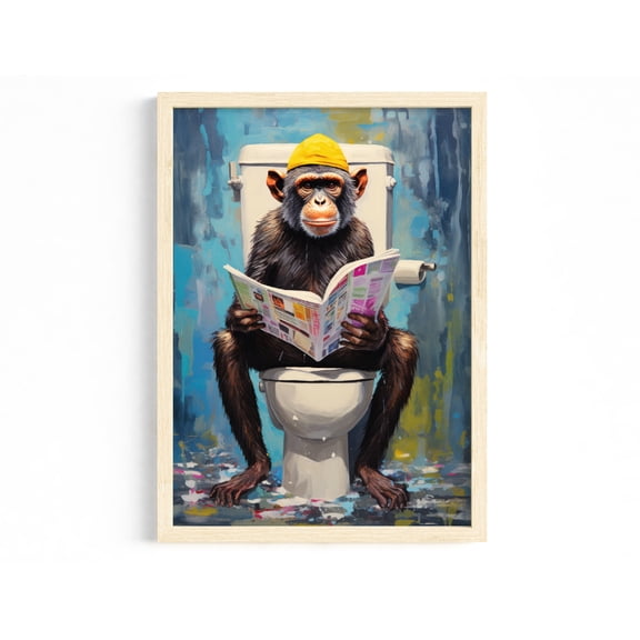 Bathroom Poster: Monkey on the Toilet | Funny Guest Restroom Mural | Abstract Bathroom Picture | Unique Bathroom Decoration