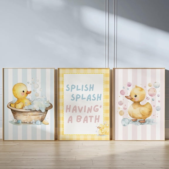 Bathroom Poster Rubber Duck Wall Art Baby Bath Time Poster Nursery Bathroom Decor Yellow Duck Art Splish Splash Wall Poster, Stretched Canvas