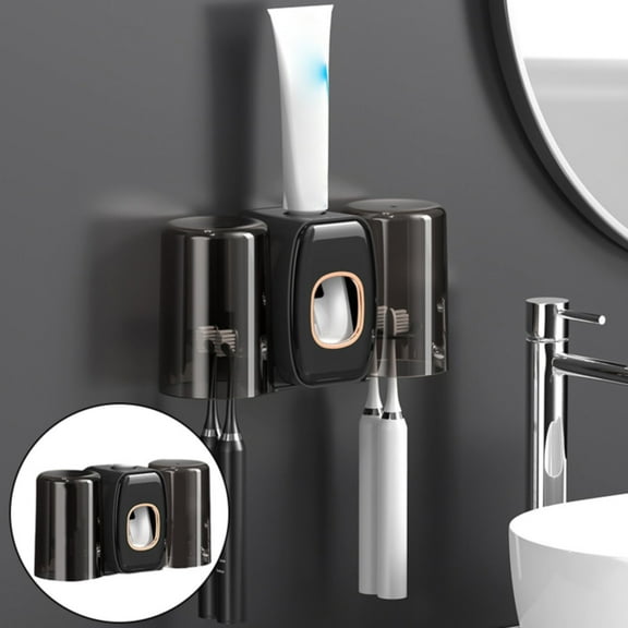 Toothbrush Holders Wall Mounted, Toothpaste Dispenser for Kids, Black with 2 Cups Grey for Bathroom Decor
