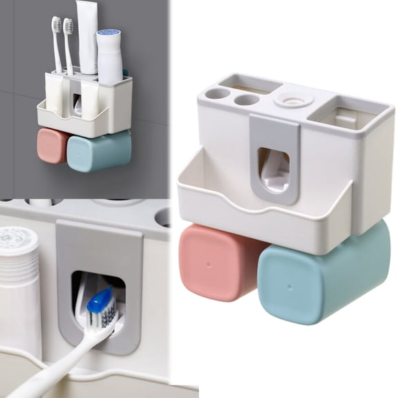 Bathroom Products,Toothbrush Rack Wall Mounted Toothbrush Holder No Punch Bathroom Shaver Storage Rack With Mouthwash Cup Toothpaste Squeezer Kit Bathroom Toothbrush Holder