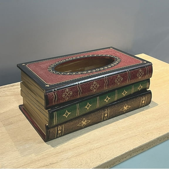 Bathroom Products,Vintage Stacked Books Design Solid Wood Tissue Box Holder Rectangular With Easy Hinged Top Home Office Decor Tissue Box Cover