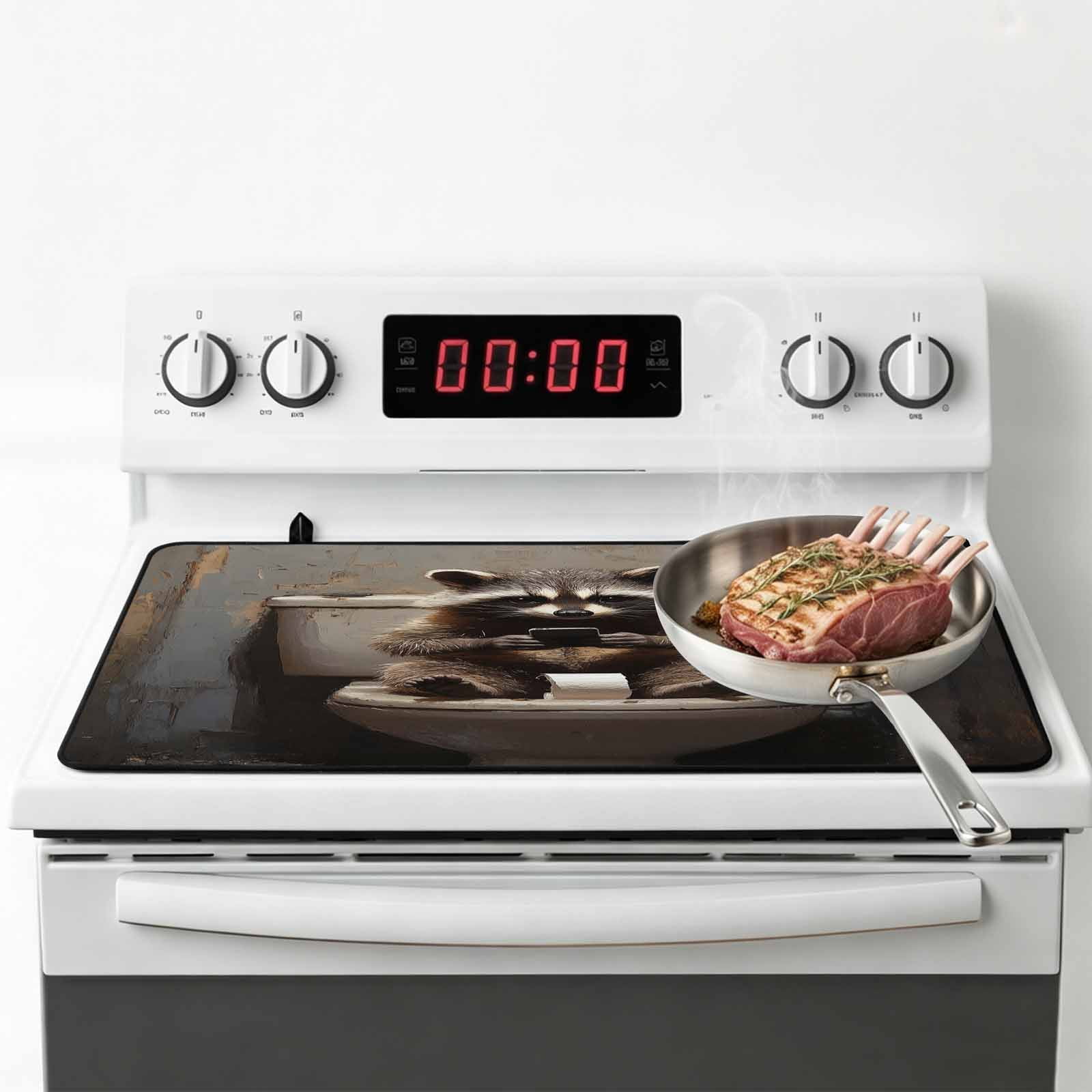 Bathroom Raccoon Stove Top Cover for Electric Stove, Heat-proof & Non Slip Glass Top Stove Cover Protector, Toilet Animals Vintage Kitchen Flat Cooktop Rubber Mat 24x21 Inches