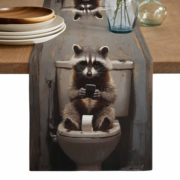 Bathroom Raccoon Table Runner, Toilet Animals Vintage Washable Cotton Linen Table Runners 36 Inches Long, Dresser Scarf Runner for Nightstand/End Tables/Round Tables 13''x36''