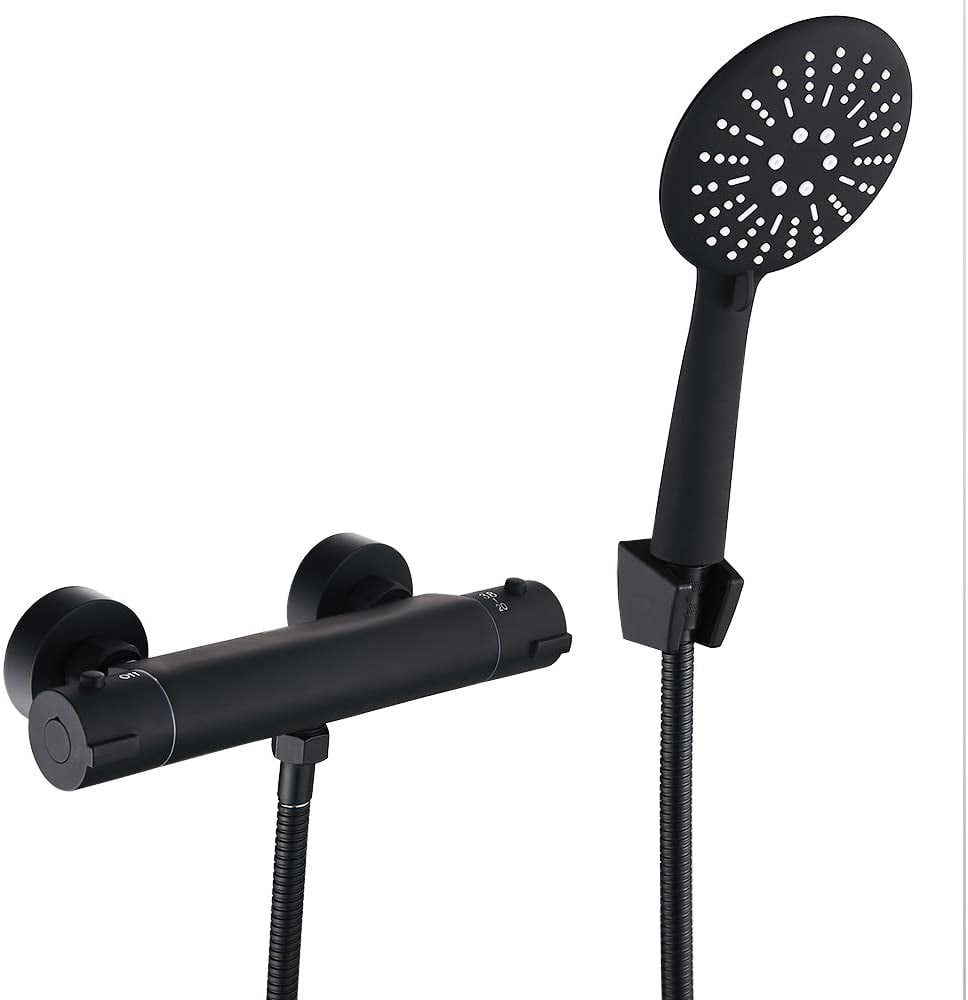 Bathroom Rainfall Black Shower Faucet Set Wall Mounted Copper Set with Hand Shower Head Bathtub Mixer Thermostatic Black Faucet