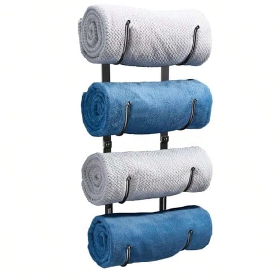 Bathroom Rolled Towel Rack: 4-Tier Wall Mounted Towel Storage Holder Hanging Organizer For Towels Blankets Large Bath Sheets Space Saving In RV Closet Toilet Cabinet Black Metal