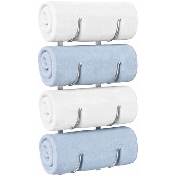 Bathroom Rolled Towel Rack: 4-Tier Wall Mounted Towel Storage Holder, Hanging Organizer for Towels, Blankets, Large Bath Sheets, Space Saving in RV, Closet, Toilet, Cabinet, Silver