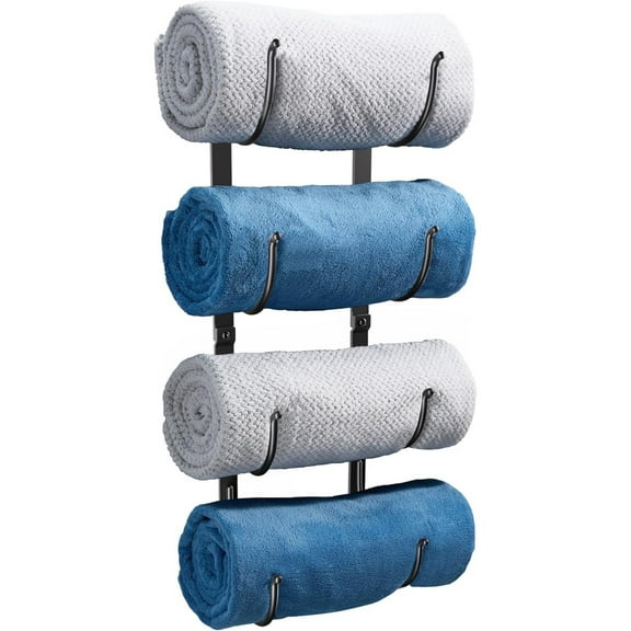 Bathroom Rolled Towel Rack: 4-Tier Wall Mounted Towel Storage Holder, Hanging Organizer for Towels, Blankets, Large Bath Sheets, Space Saving in RV, Closet, Toilet, Cabinet, Black Metal