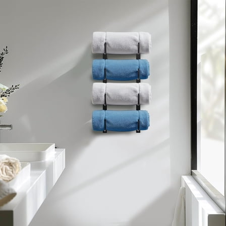 Bathroom Rolled Towel Rack: 4-Tier Wall Mounted Towel Storage Holder, Hanging Organizer for Towels, Blankets, Large Bath Sheets, Space Saving in RV, Closet, Toilet, Cabinet, Silver