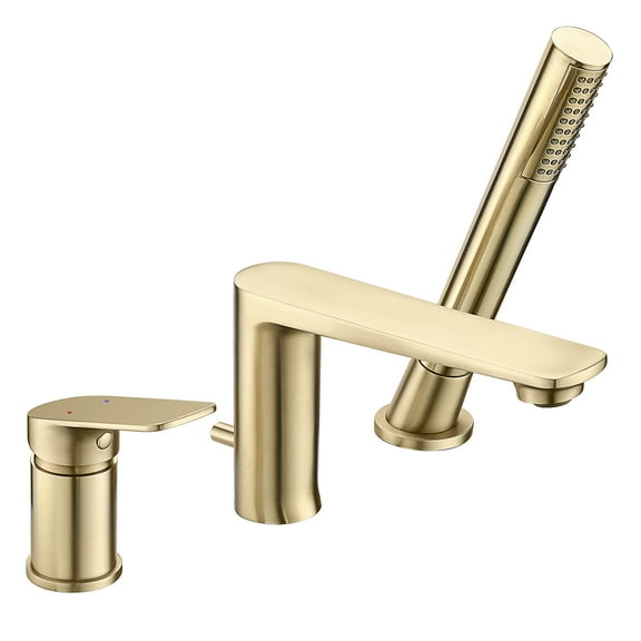 Bathroom Roman Tub Faucet, Dual Handle Deck Mounted Solid Brass Tub Filler with Hand Shower, Brushed Gold
