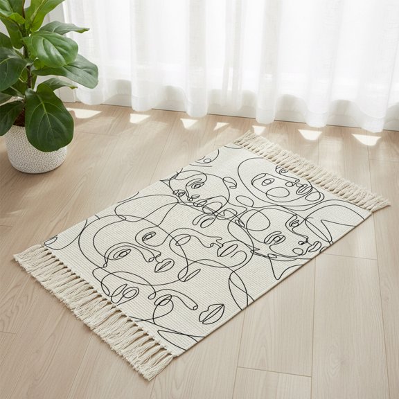 Bathroom Rug 2'x 3', Abstract Style Woven Cotton Washable Rug with Tassels, Face Line Modern Character Art White Non Slip Front Door Mat for Entrance, Doorway, Hallway, Laundry Room