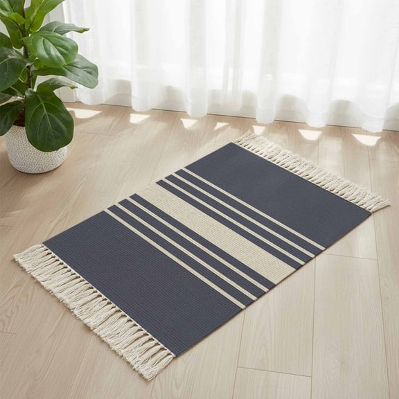 Bathroom Rug 2'x 3', Beige Striped Woven Cotton Washable Rug with Tassels, Midnight Blue Geometric Simple Retro Non Slip Front Door Mat for Entrance, Doorway, Hallway, Laundry Room