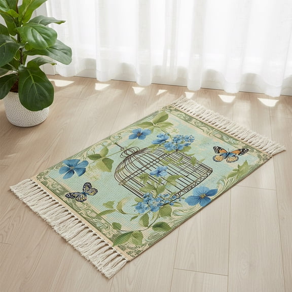 Bathroom Rug 2'x 3', Birds Cage Woven Cotton Washable Rug with Tassels, Green Botanical Blue Floral Non Slip Front Door Mat for Entrance, Doorway, Hallway, Laundry Room