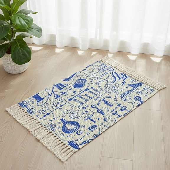 Bathroom Rug 2'x 3', Blue Physics Woven Cotton Washable Rug with Tassels, Model Laboratory Formula Equations Plaid Non Slip Front Door Mat for Entrance, Doorway, Hallway, Laundry Room