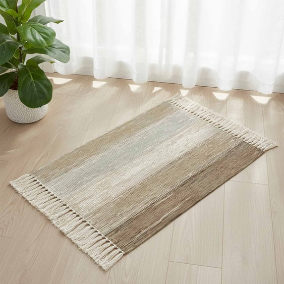 Bathroom Rug 2'x 3', Brown Grey Woven Cotton Washable Rug with Tassels, Farmhouse Gray Barn Wooden Vintage Striped Non Slip Front Door Mat for Entrance, Doorway, Hallway, Laundry Room