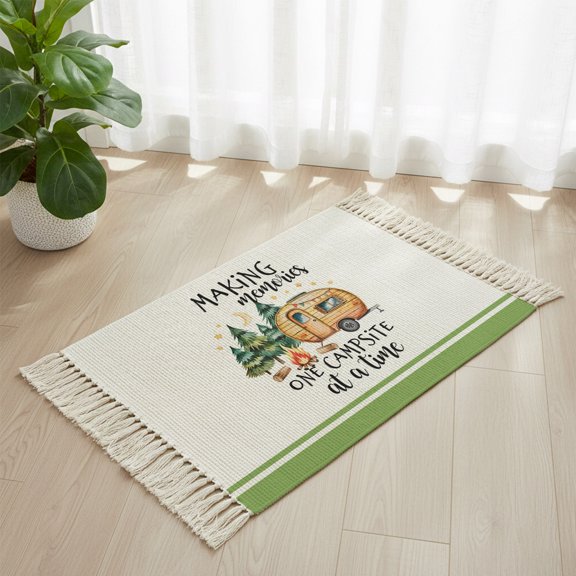 Bathroom Rug 2'x 3', Camping Woven Cotton Washable Rug with Tassels, Fall Summer Nature Forest Car Tree Moon Non Slip Front Door Mat for Entrance, Doorway, Hallway, Laundry Room