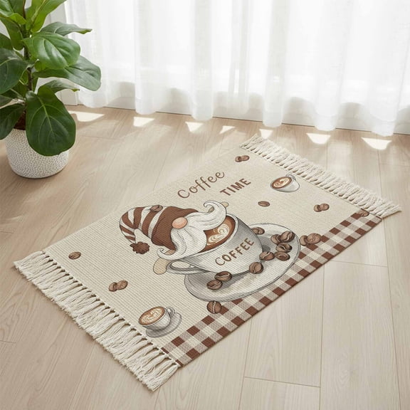 Bathroom Rug 2'x 3', Coffee Gnomes Woven Cotton Washable Rug with Tassels, Brown Buffalo Plaid Check Farmhouse Non Slip Front Door Mat for Entrance, Doorway, Hallway, Laundry Room